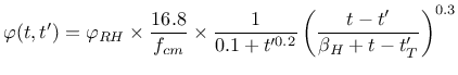 $\displaystyle \varphi(t,t') = \varphi_{RH} \times \frac{16.8}{f_{cm}} \times \frac{1}{0.1 + t'^{0.2}} \left( \frac{t-t'}{\beta_H + t - t'_T} \right)^{0.3}$