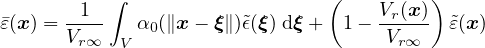           ∫                    (         )
�ε(x) =--1-   α0(∥x - ξ ∥)˜ϵ(ξ) dξ + 1- Vr(x) ˜ε(x)
      Vr∞  V                         Vr∞
