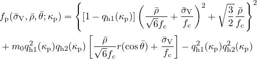                {           (          )2   ∘ -- }2
f (�σ ,�ρ,�θ;κ ) =  [1- q  (κ )]  √�ρ--+  �σV-  +   3-�ρ
 p  V     p          h1 p     6fc   fc       2fc
                 [  �ρ           �σ ]
+ m0q2h1(κp)qh2(κp)  √---r(cos �θ) + -V- - qh21(κp)q2h2(κp)
                    6fc         fc

