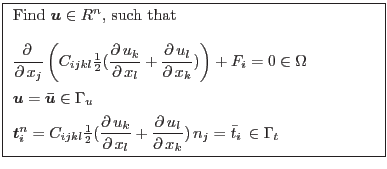 \fbox{
\begin{minipage}{8cm}
Find $\mbox{\boldmath$u$}\in R^n$, such that\\ [4...
...l \,{u_l}}{\partial \,{x_k}}$})\,n_j = \bar t_i \,\in \Gamma_t$
\end{minipage}}